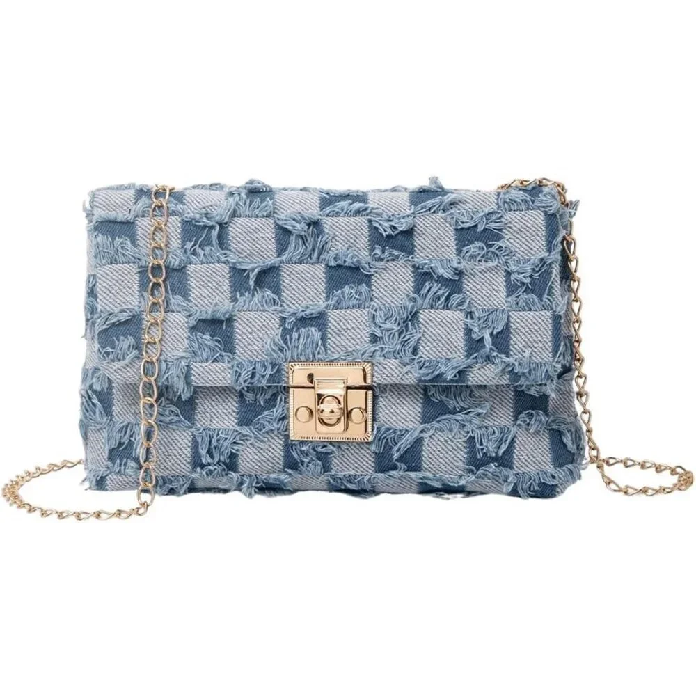 Women's Distressed Denim Crossbody Bag Mini Purse with Chain and Twist Lock